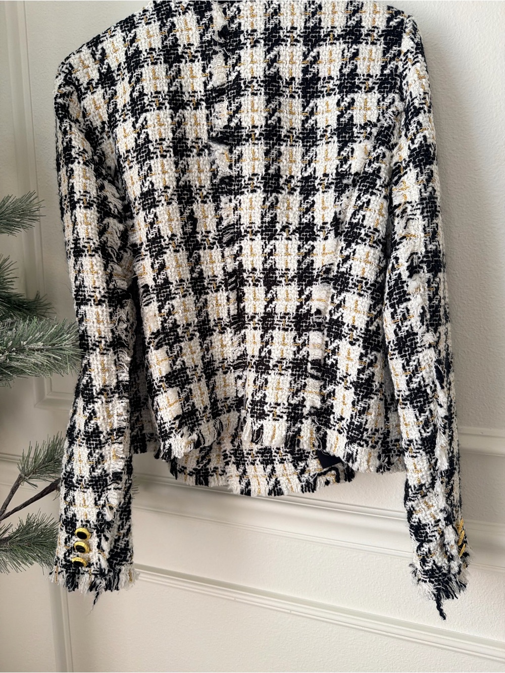 House of Harlow 1960 Plaid Tweed Blazer in Black, White & Cream - Picture 3 of 3